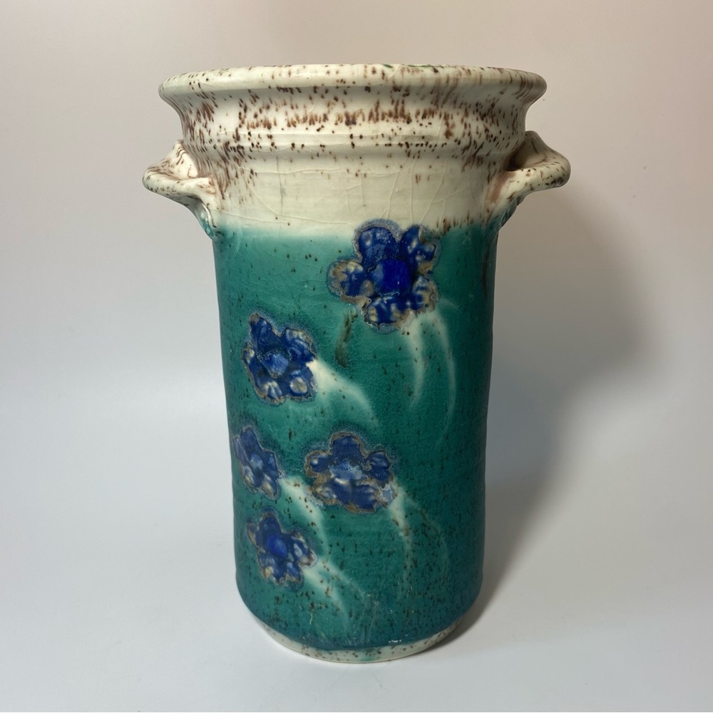 Handcrafted Pottery Vase Turquoise with Blue Floral Design stamped